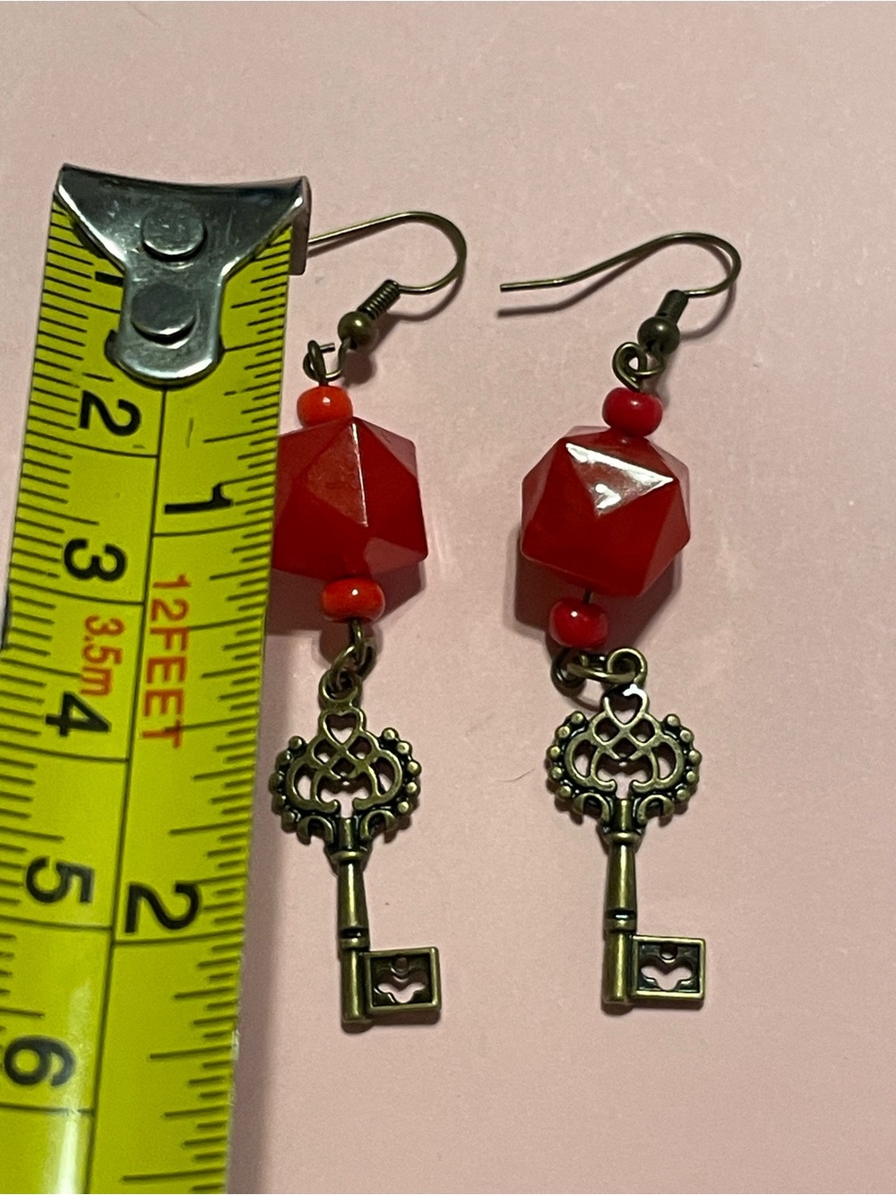 Red Art Glass Key Bead Pierced Earrings #9958 - Picture 2 of 3